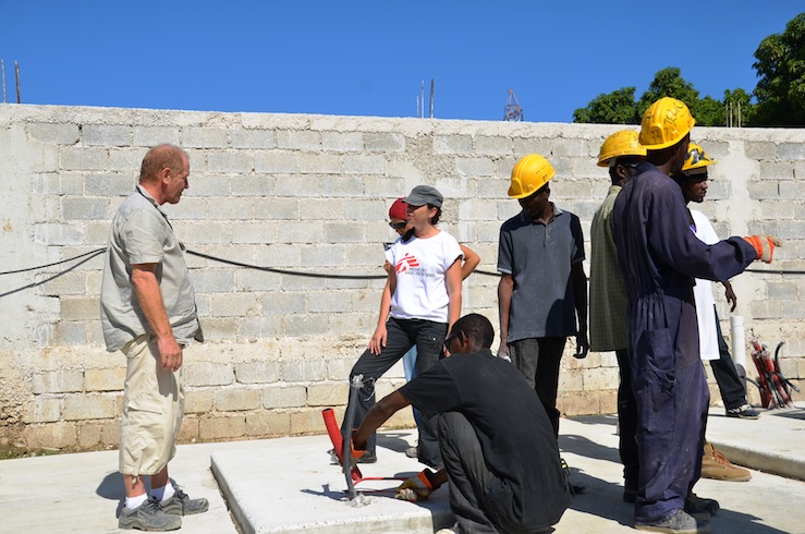 Sally Thomas on construction site in Haiti