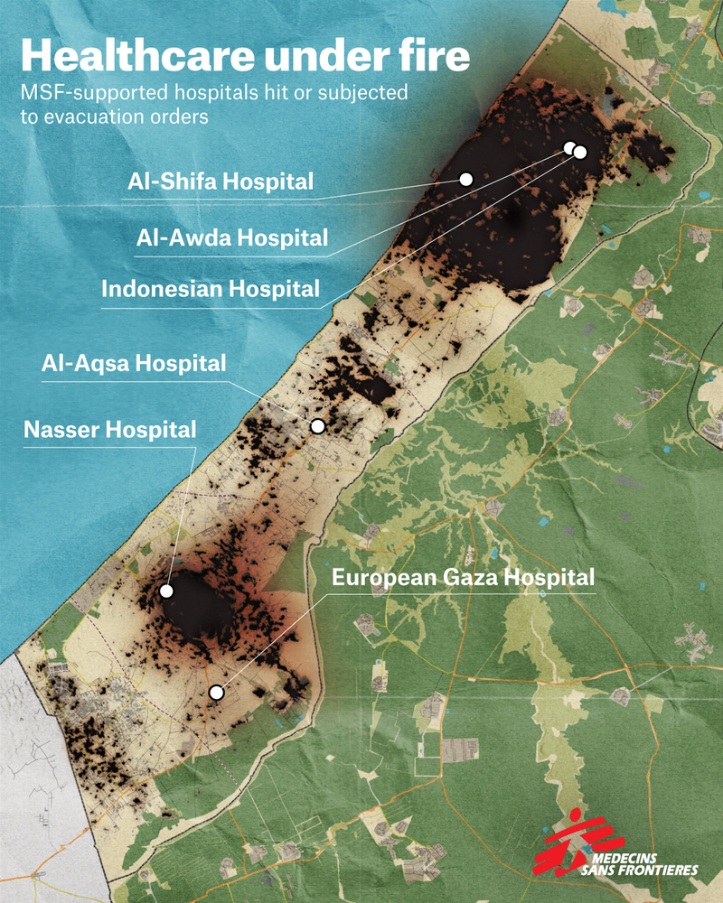 Map of the hospitals where MSF has been working or supporting after 100 days of siege in Gaza