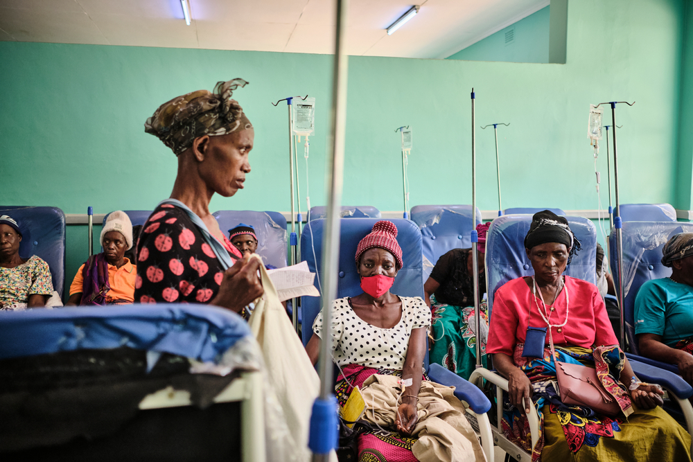 A group of patients during a chemotherapy session in ward 4B at Queens Elizabeth Hospital